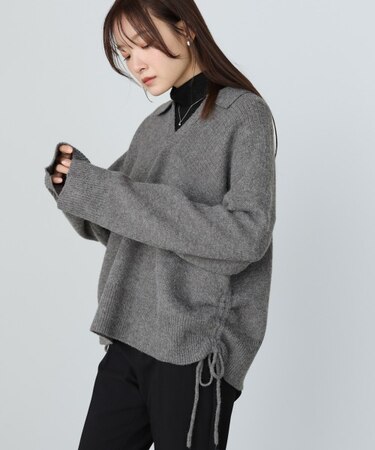 【Bab】襟付きリブ切替サイドドロストニットトップス