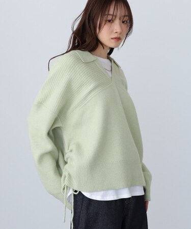 【Bab】襟付きリブ切替サイドドロストニットトップス
