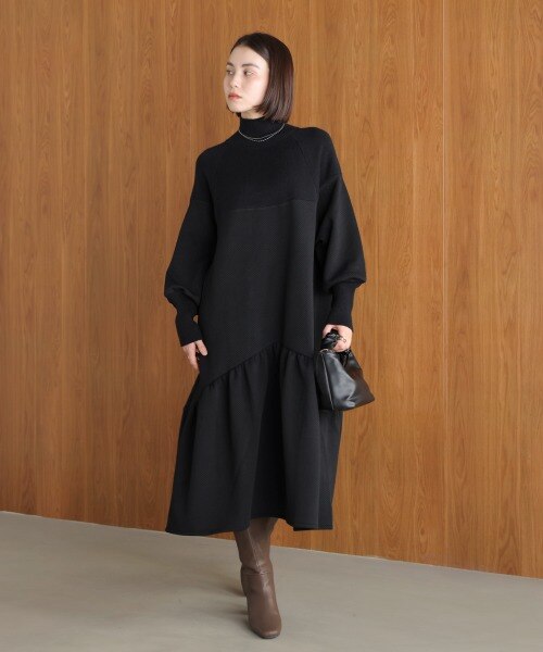 膨れジャガード異素材ニットワンピース｜ブージュルードの通販｜&mall