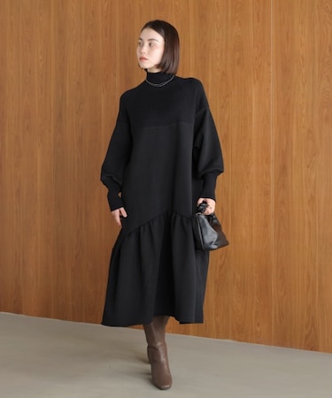 膨れジャガード異素材ニットワンピース