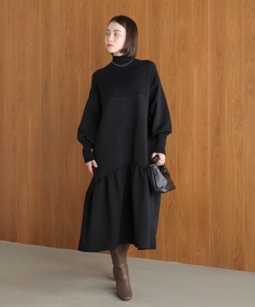 膨れジャガード異素材ニットワンピース