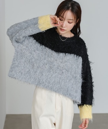 【Bab】ウェーブ配色ショートニットトップス