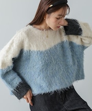 【Bab】ウェーブ配色ショートニットトップス