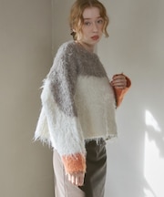 【Bab】ウェーブ配色ショートニットトップス