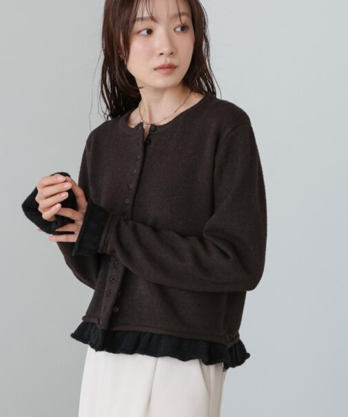【Bab】配色フリルニットカーディガン