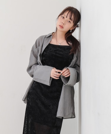 【Bab】ワイト゛カフスワンホ゜イント刺繍シアーシャツ