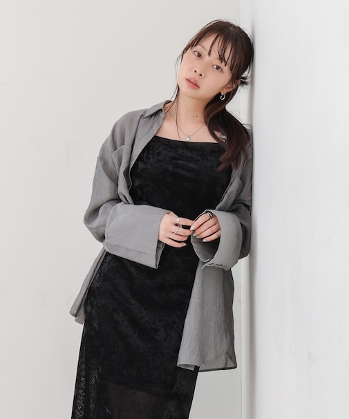 【Bab】ワイト゛カフスワンホ゜イント刺繍シアーシャツ