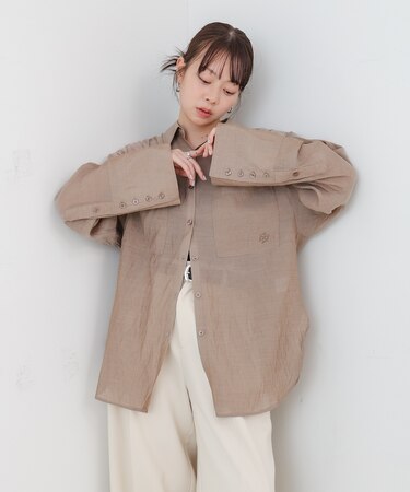 【Bab】ワイト゛カフスワンホ゜イント刺繍シアーシャツ