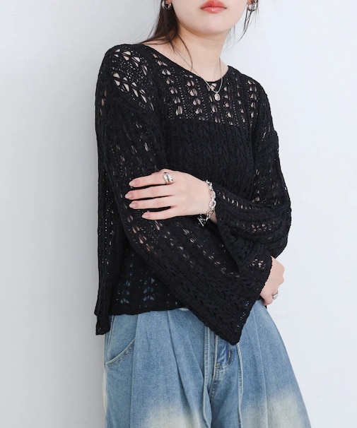 【Bab】フラワーレース透かし編みトップス