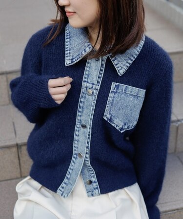 【Bab】デニム切替ニットカーデ