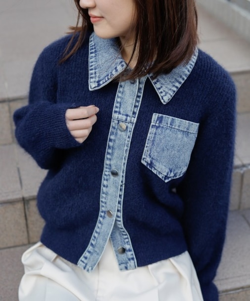 【Bab】デニム切替ニットカーデ