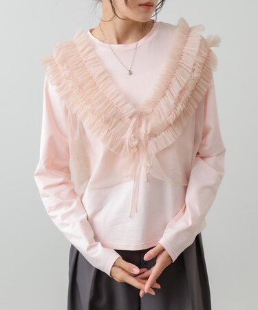 【Bab】前後2WAYフリルチュールベスト＋ベーシックカットソー