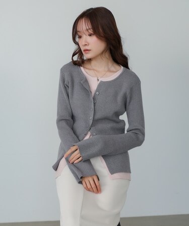 【Bab】配色レイヤードニットカーディガン