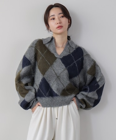 アーガイル襟付ニット