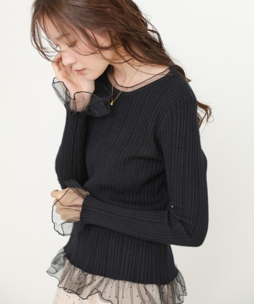【Bab】フリル切替リブニットトップス