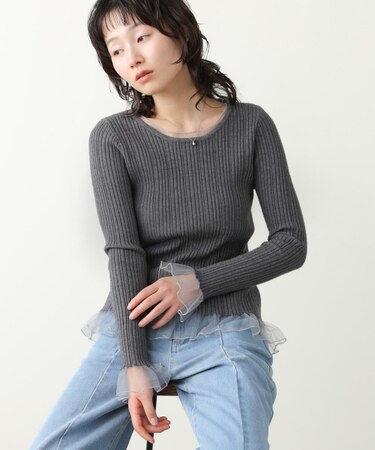 【Bab】フリル切替リブニットトップス