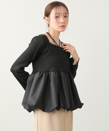 【Bab】リボンネックペプラムバルーンニットトップス