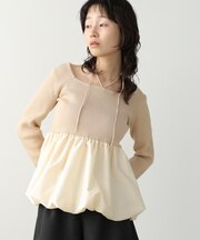 【Bab】リボンネックペプラムバルーンニットトップス