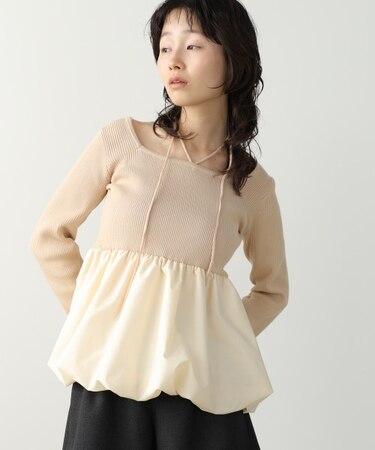 【Bab】リボンネックペプラムバルーンニットトップス