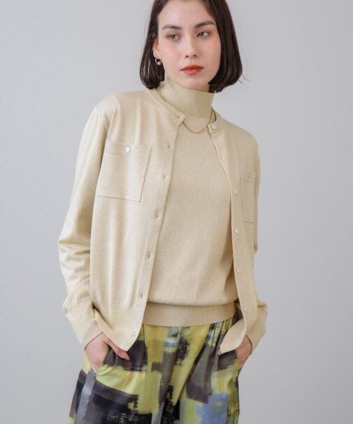 マイクロラメ丸首ニットカーディガン