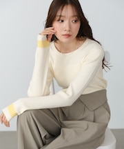 【Bab】【選べるサイズ展開】袖配色クルーネックリブニットトップス