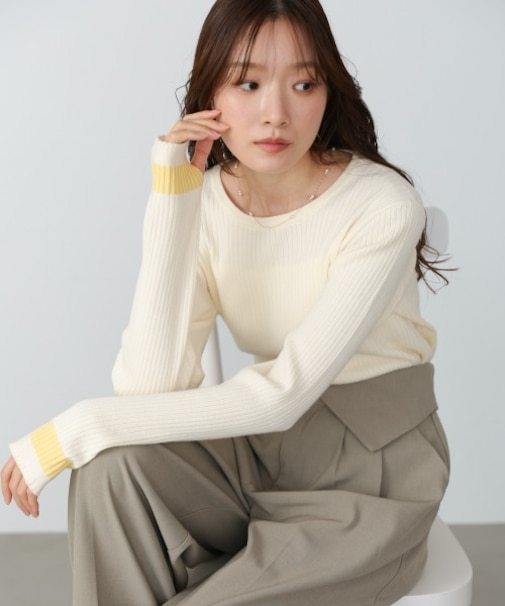 【Bab】【選べるサイズ展開】袖配色クルーネックリブニットトップス