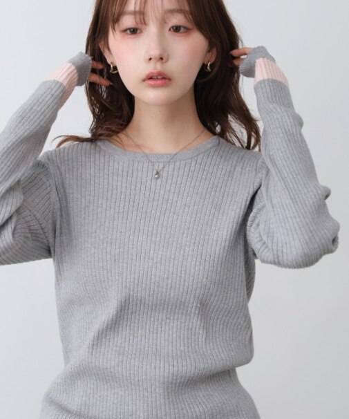 【Bab】【選べるサイズ展開】袖配色クルーネックリブニットトップス