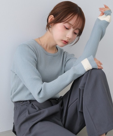 【Bab】【選べるサイズ展開】袖配色クルーネックリブニットトップス