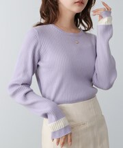 【Bab】【選べるサイズ展開】袖配色クルーネックリブニットトップス