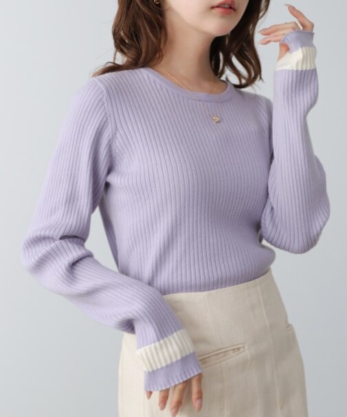 【Bab】【選べるサイズ展開】袖配色クルーネックリブニットトップス