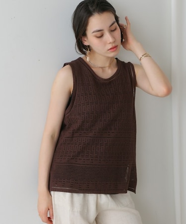 ﾀﾝｸｾｯﾄﾊﾞｯｸﾘﾎﾞﾝ柄編みニット