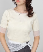 シアー使い5分袖リブニットトップス