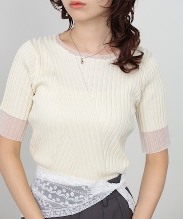 シアー使い5分袖リブニットトップス