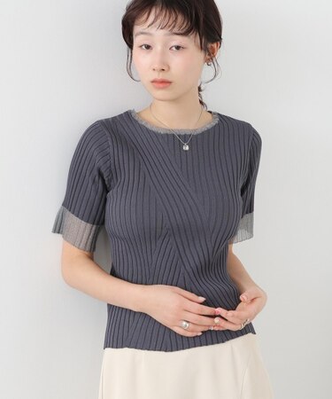 シアー使い5分袖リブニットトップス