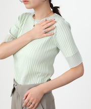 シアー使い5分袖リブニットトップス