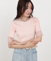 シアー使い5分袖リブニットトップス