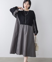袖ギャザー布帛ドッキングニットワンピース
