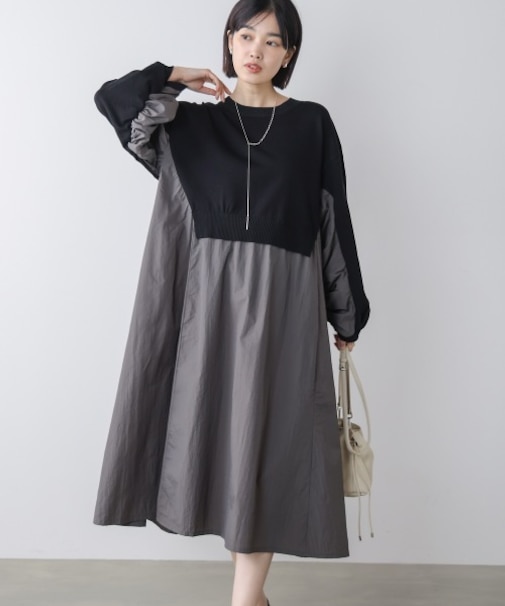 袖ギャザー布帛ドッキングニットワンピース
