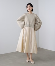 袖ギャザー布帛ドッキングニットワンピース