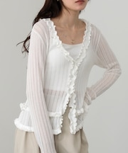 透かし編みフリルVネックニットカーディガン