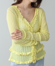 透かし編みフリルVネックニットカーディガン