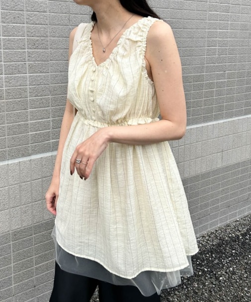 ラメストライプウエストギャザーチュニック