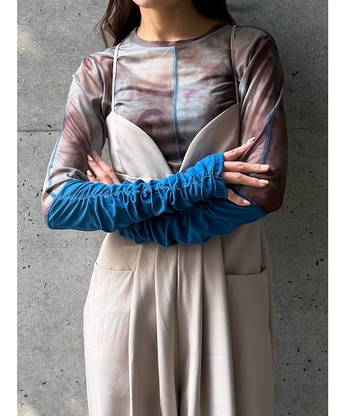 CONTRAST CUFF PRINTED TULLE TOP(コントラストカフスプリントチュールトップス)