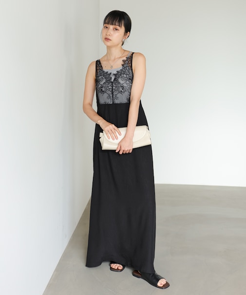 【Bab】【サイズ展開あり】レーススカラップマットサテンキャミワンピース