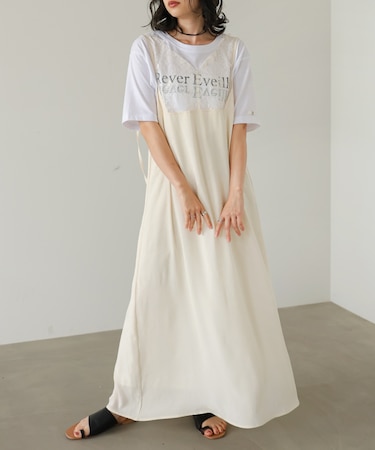 【Bab】【サイズ展開あり】レーススカラップマットサテンキャミワンピース