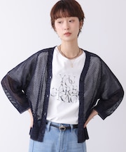 配色大小メッシュアミニットカーディガン