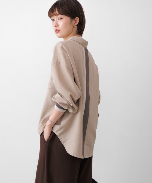 麻調バックテープ切替ブラウス