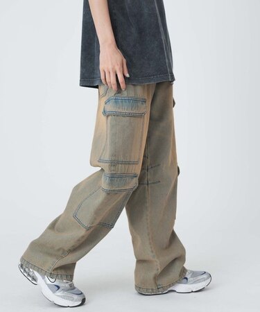 ヴィンテージウォッシュデニムカーブカーゴパンツ