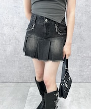 プリーツヘムフリンジデニムミニスカート