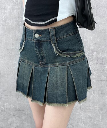 プリーツヘムフリンジデニムミニスカート